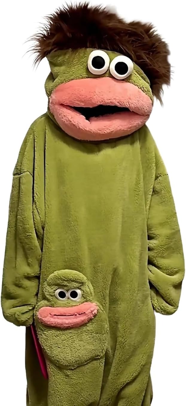 Green Plush Frog Monster Onesie Pajamas - Hoodie Robe, Baggy Full-Body Loungewear, Goofy Cozy Long-Sleeve Soft Fabric Sleepwear (Festive Party Accessory)