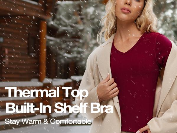 Wingslove Women's Long Sleeve Shirts Thermal Tops V Neck Built in Bra Cold Weather Slim Fitting Warm Base Layer Outfits