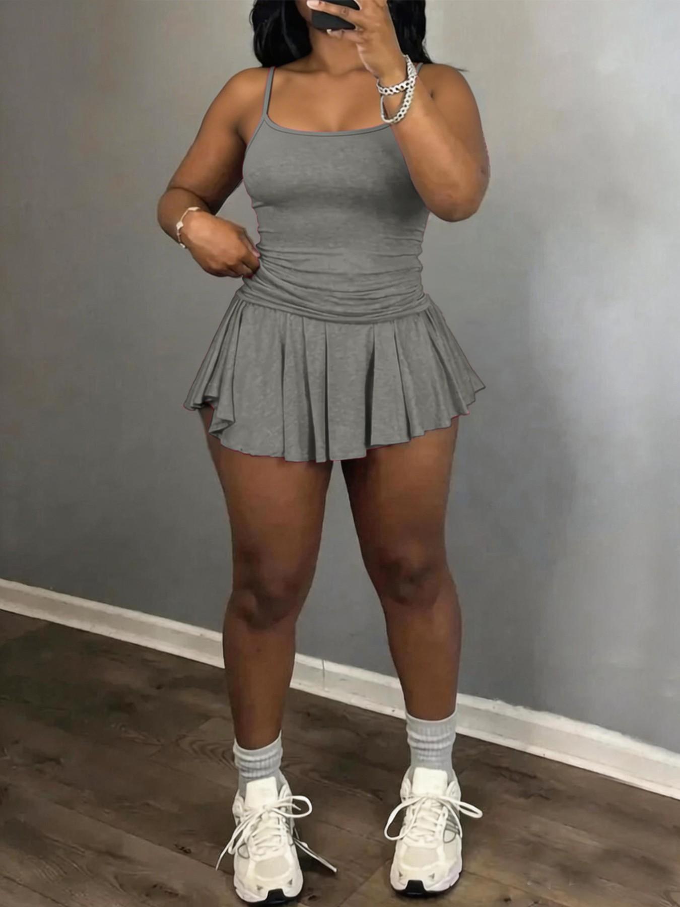 Fashion Sporty Halter Top Women's Set, Integrated Anti-Slip Design Running Sports Short Skirt Two-Piece, Casual Style