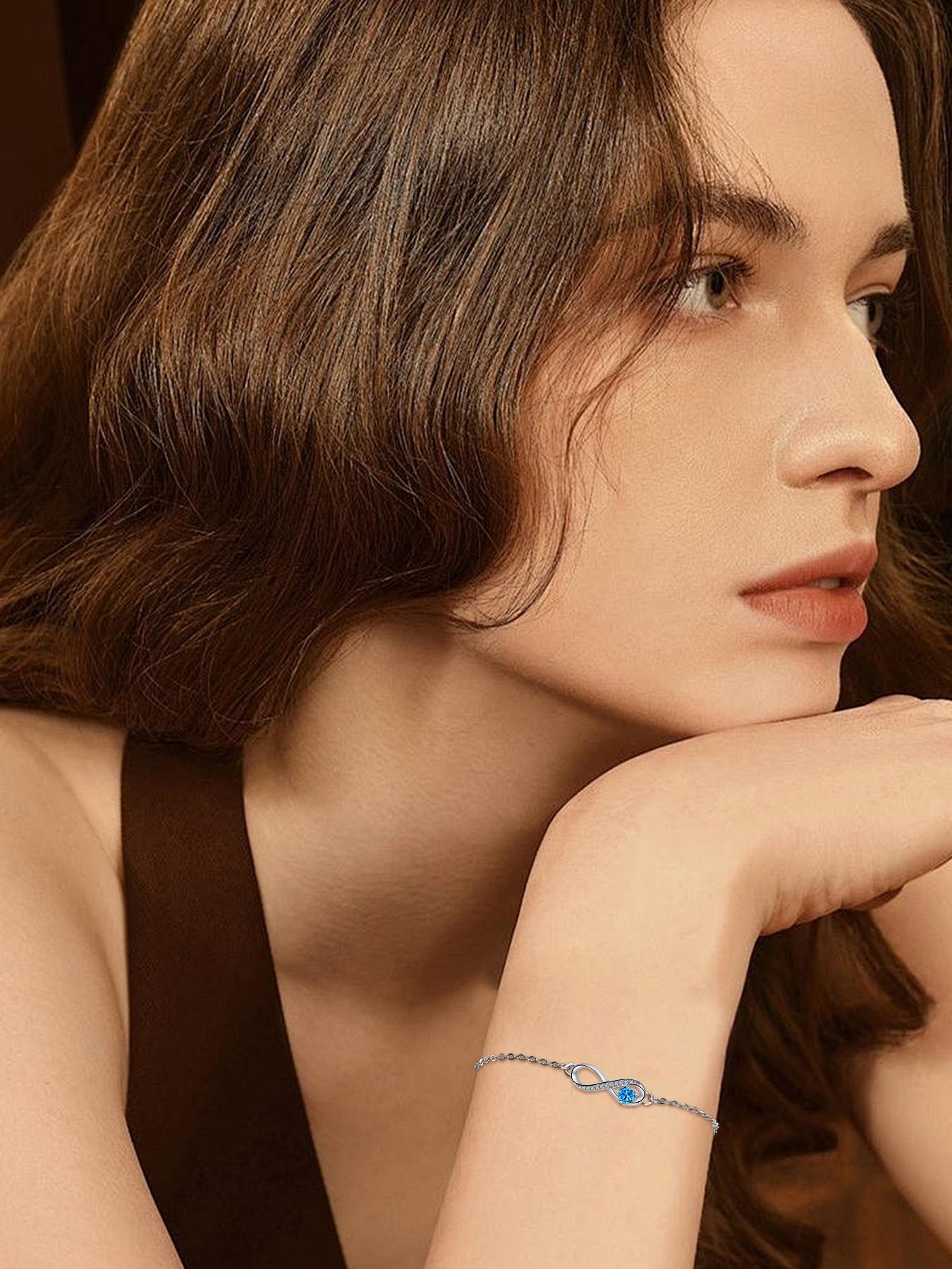 Love Heart CZ Birthstone Infinity Bracelets With Moss Bear Rose Jewelry Gift Box, Endless Love Symbol Bracelets for Women, Anniversary Birthday Christmas Jewelry Gift for Wife Mom Daughter, Heart Shaped Bracelet