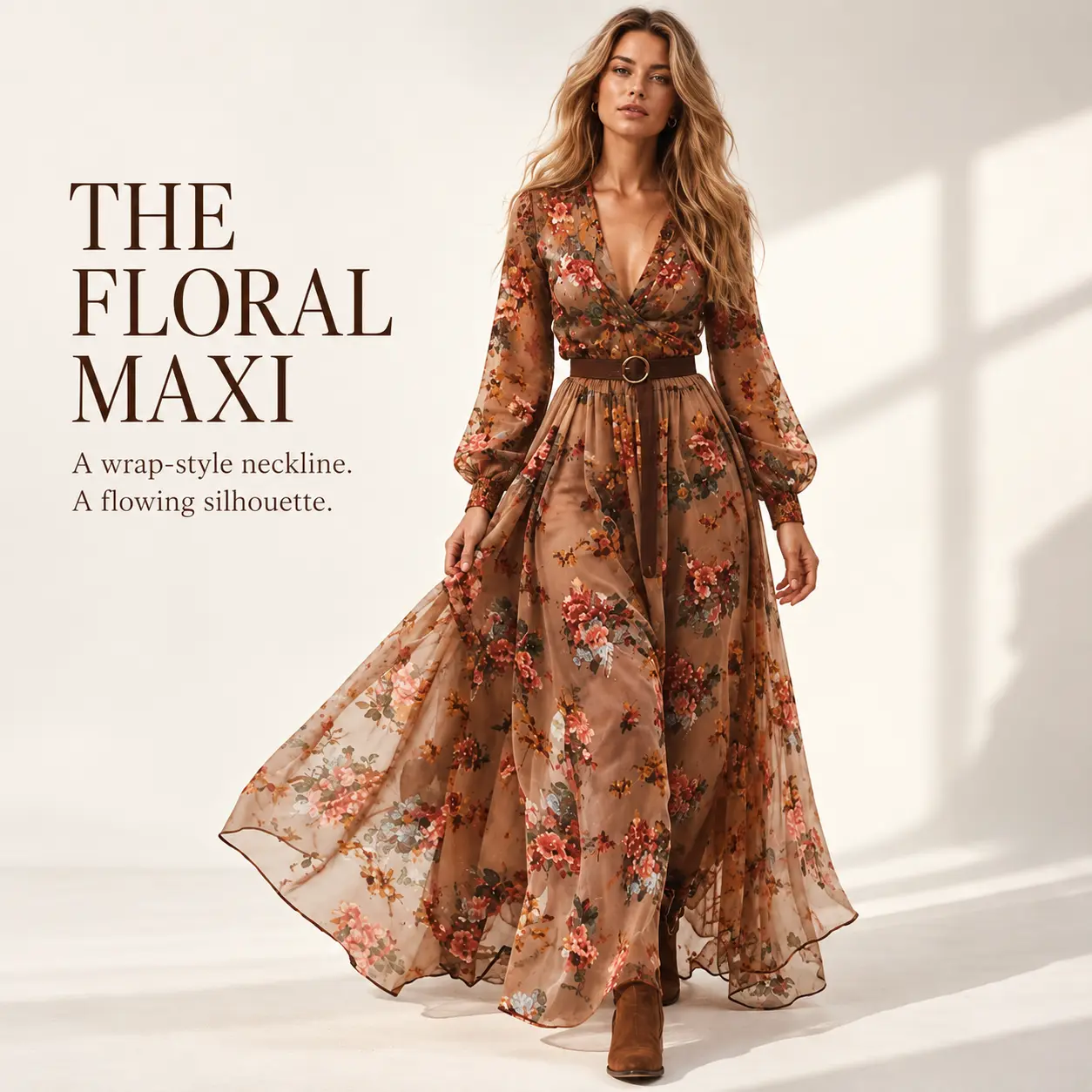 Women's Floral Printed Maxi Dress, Long Sleeve Deep V Neck Wrap Style, Belted High Waist, Flowy Sheer Overlay A-Line Dress for Fall Wedding Guest, Date Night, Travel, Everyday Womenswear, Boho Party Outfit, Elegant Casual Fashion for Brunch, Holiday Event