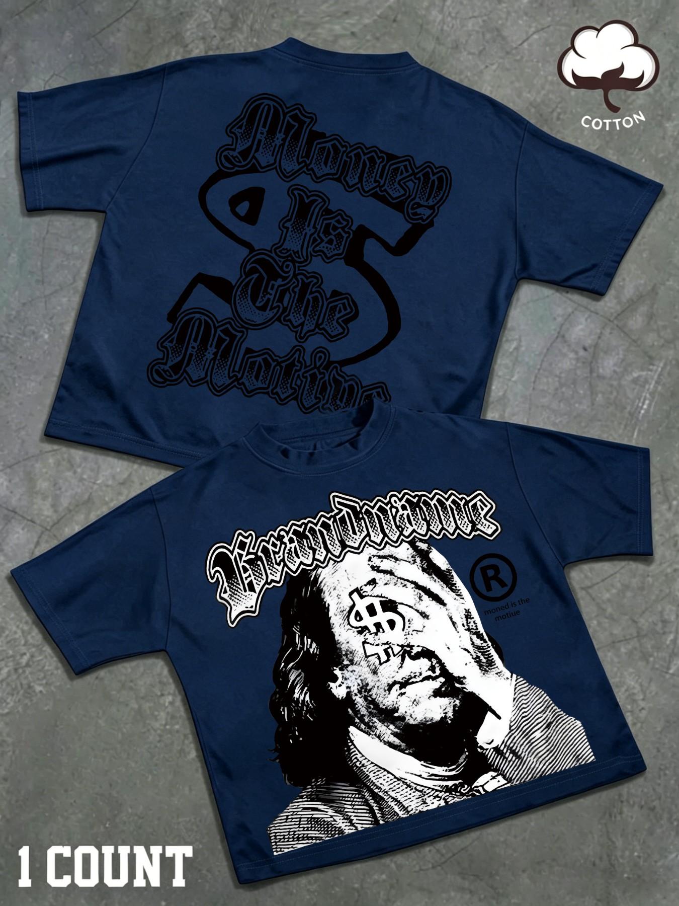 Vintage American Money Motif Graphic Tee for Men, Oversized Crew Neck Cotton T-Shirt with Dollar Sign Hand Print, Gothic Letter Streetwear Hip Hop Top, Casual Summer Outfit for Rapper Skateboard Street Style