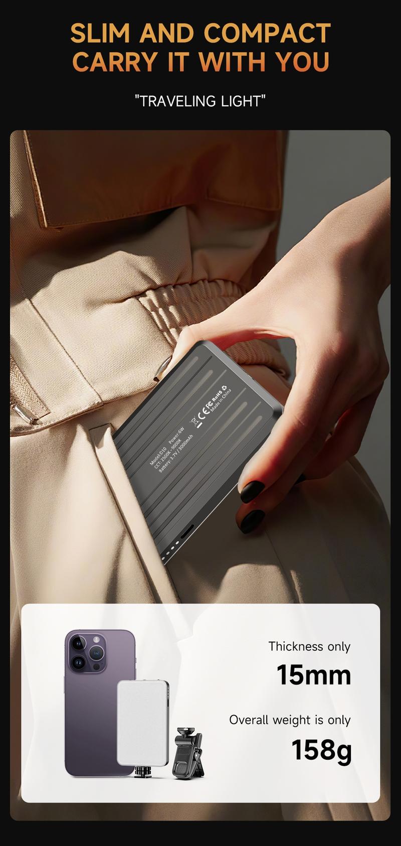 Portable Phone Light, Rectangular Camera Multi-Purpose Light, Enhances Photography & Video Quality, Built-In Battery Design, Camera Fill Light