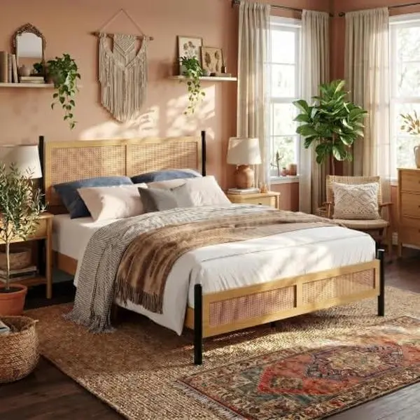 attan Bed Frame with Woven Wicker Headboard | Boho Platform Bed Frame, Wood Bed Frame, Under Bed Storage, No Box Spring Needed, Wood Slats, Easy Assembly, Noise Free