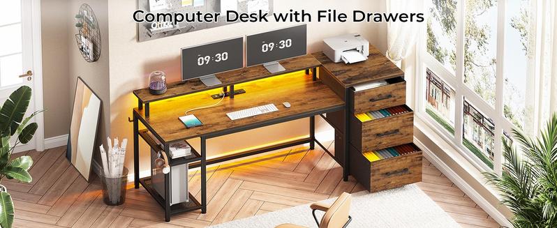 SEDETA 59" Office Desk with Drawers, Reversible Computer Desk with File Drawers & Storage, Gaming Desk with LED Lights & Power Outlet, Home Office Desks for Printer