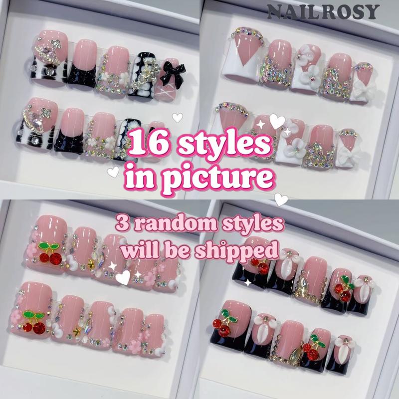 30pcs Mystery Box Handmade Press on Nails, 3D Floral Short Duck Nail Design with Shimmery Finish, Nail Kit Set Perfect for Weddings and Parties