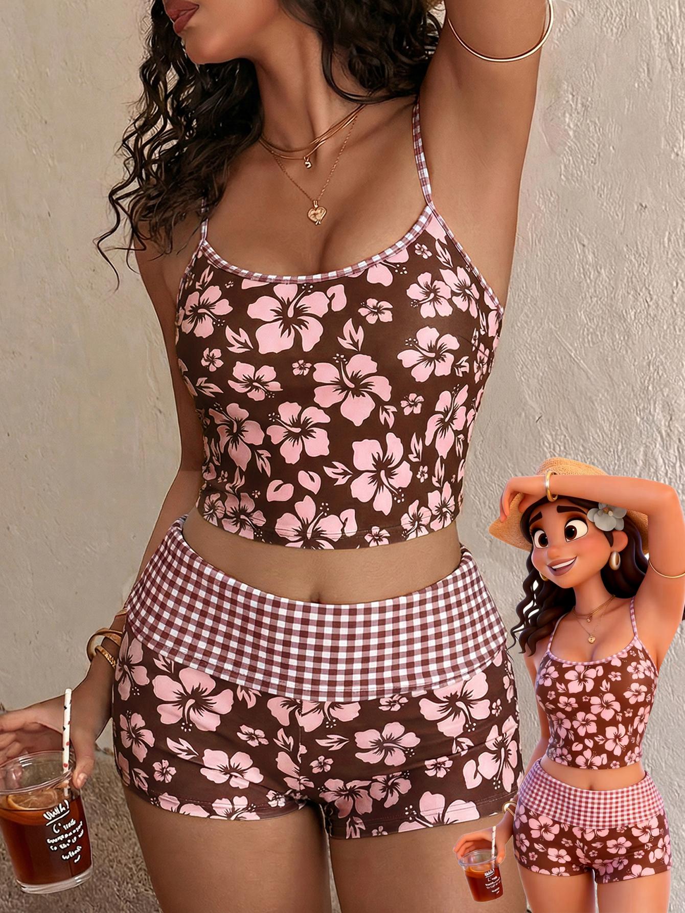 PEPPERMOLLY Women's Tropical Hibiscus Floral 2-Piece Tankini Swimsuit Set - Cami Tankini Top, High Waist Swim Shorts, Trendy Summer Beachwear Bathing Suit for Women, Two Piece Set,summervibes