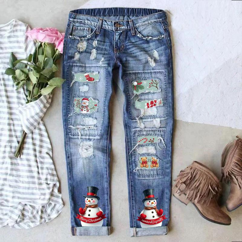 Women's Distressed Skinny Jeans with Red Santa & Reindeer Print Vintage Ripped Design Stretch Waistband for Comfort Holiday Casual Street Style Fit All Seasons Straight Cut Denim Leg Trouser Fabric Womenswear Elastic Stretchable Fitted