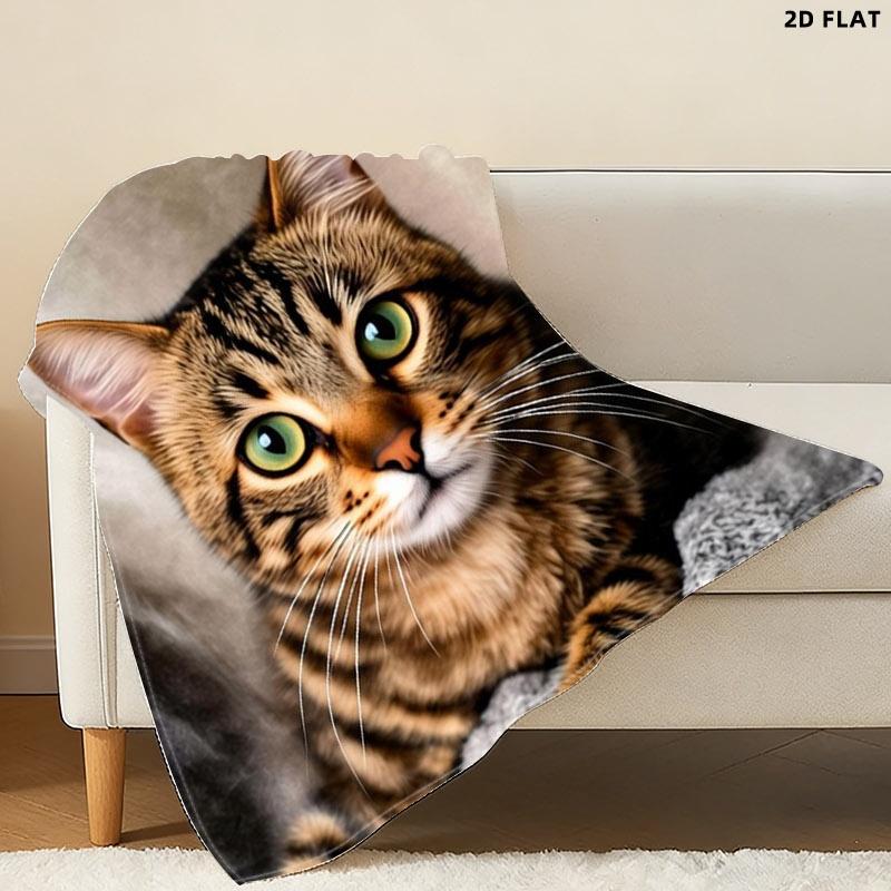 Cozy Gray Textured Throw Blanket, Single - Sided Printed, Multiple Specifications Available, Perfect for Napping & Lounge, Featuring a Tabby Cat Design, Soft & Warm Fabric for Comfortable Relaxation
