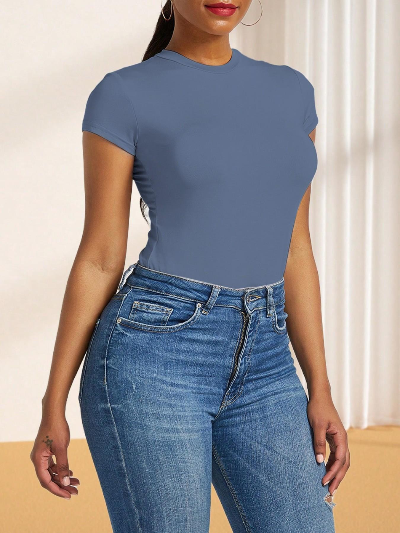 Body Suits for Womens Short Sleeve Round Neck Casual Stretchy Basic T Shirt Bodysuit Tops Underwear