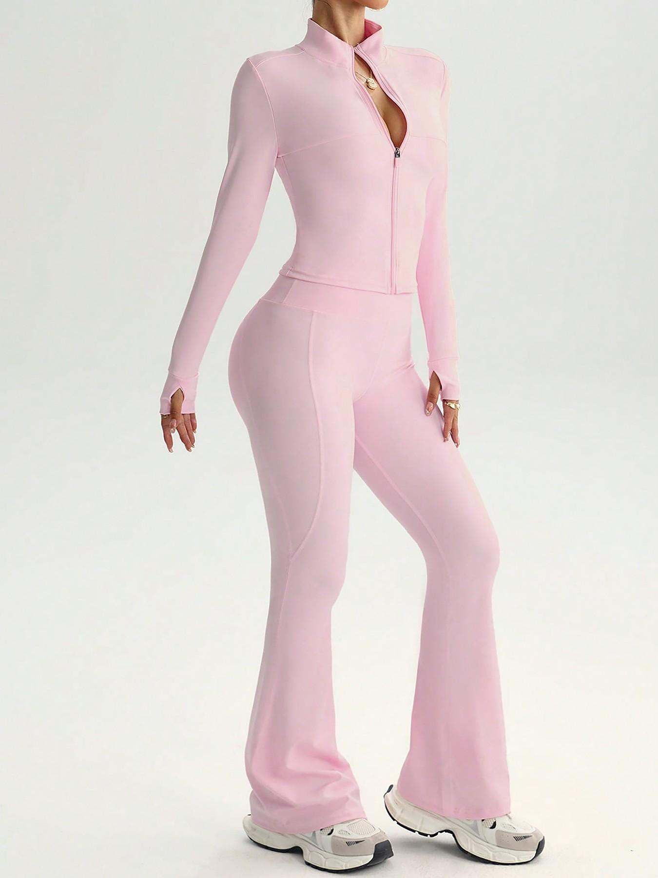 2 Piece Set Women's Loungewear Set Stand Collar Zip-Up Jacket & Wide Leg Flared Pants Comfortable High Stretch Slim Fit Suitable for Daily Outings Home Sports Travel Casual Fashion Coat Long Sleeve Pants Women's Pajama Set Outfit