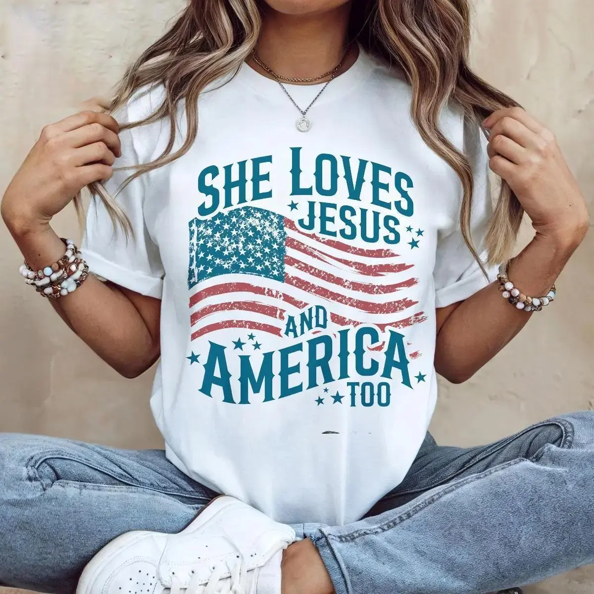 Women's Independence Day Patriotic Tees, Christian Shirt, 4th Of July Shirt, She Loves Jesus And America Too Shirt, America Retro Shirt, Usa Shirt, USA Flag Tee for Women Top Womenswear Cotton
