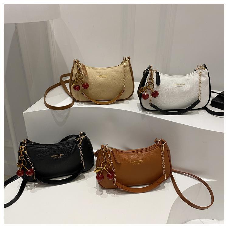 Women's Viral Cherry Charm Synthetic Baguette Bag - Cute Mini Shoulder Bag with Gold Chain, Ideal for Brunch, Date Night, Crossbody Daily Use