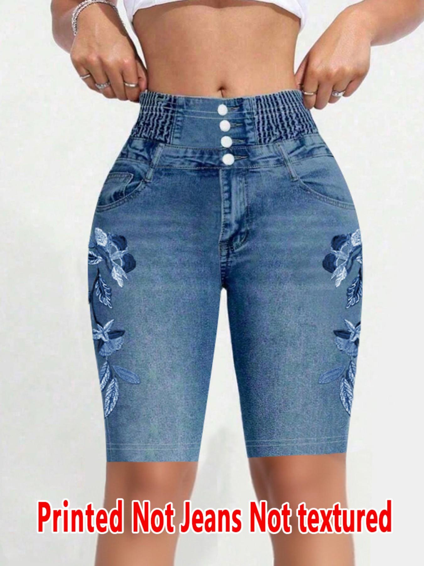 Women's Printed Skinny Pants Non-Denim Fabric, Ladies Short Five-Pocket Bottoms, Faux Denim Print Base Pants for All Seasons