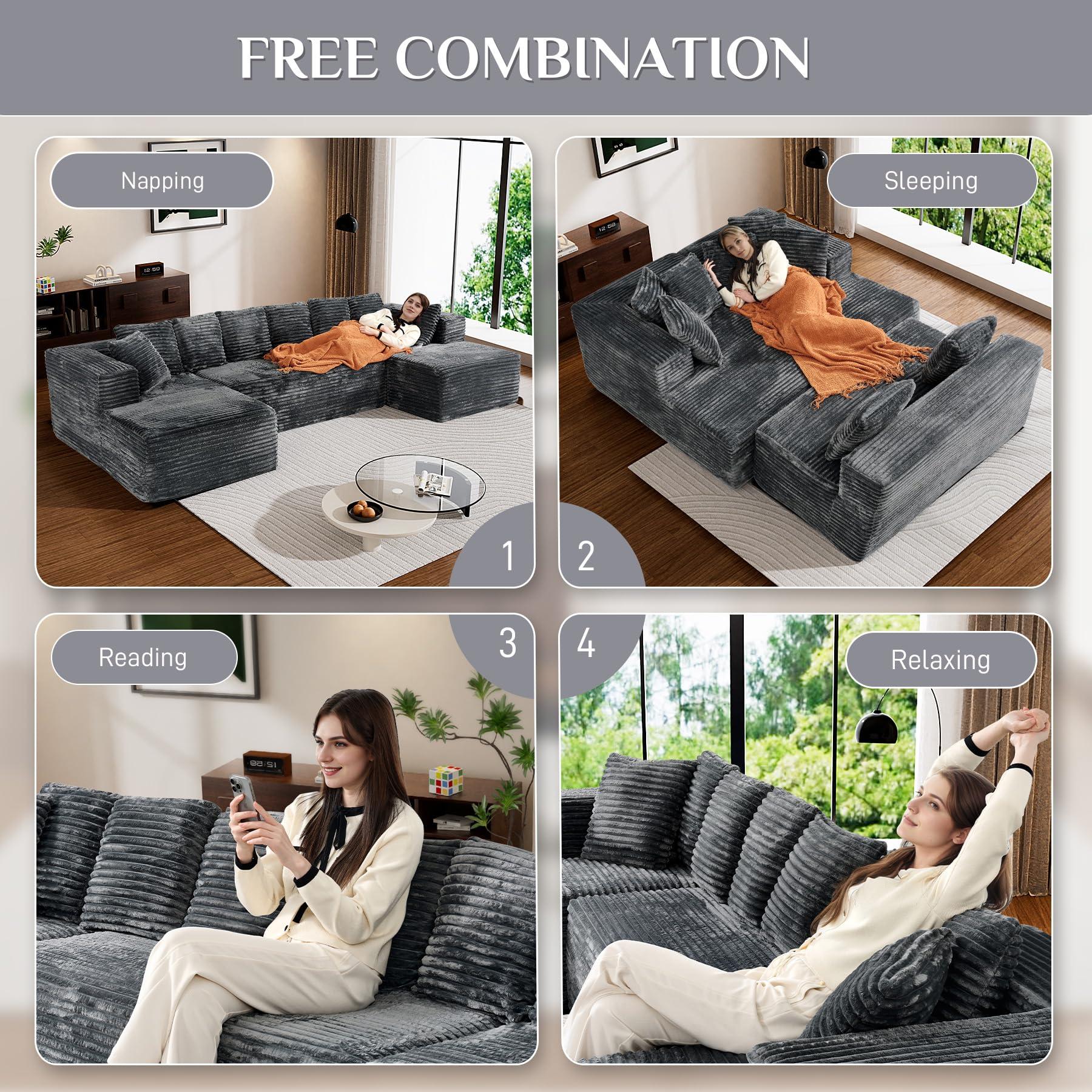 【3 Packages Shipping】Modular Sectional Sofa Cloud Couch 131" Black Boneless Sectional Couches for Living Room Comfy Deep Seat Plush Corduroy Sofa Modern Fluffy Memory Foam U Shape Couch with Chaise Lounge Modular Sectional Couch