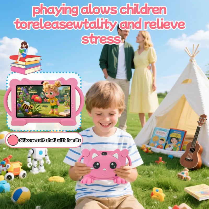 7-inch Android tablet, Learning tablet, education and entertainment all-in-one, portable, suitable for multiple scenarios, with parental control feature, children's soft silicone tablet, best birthday gift