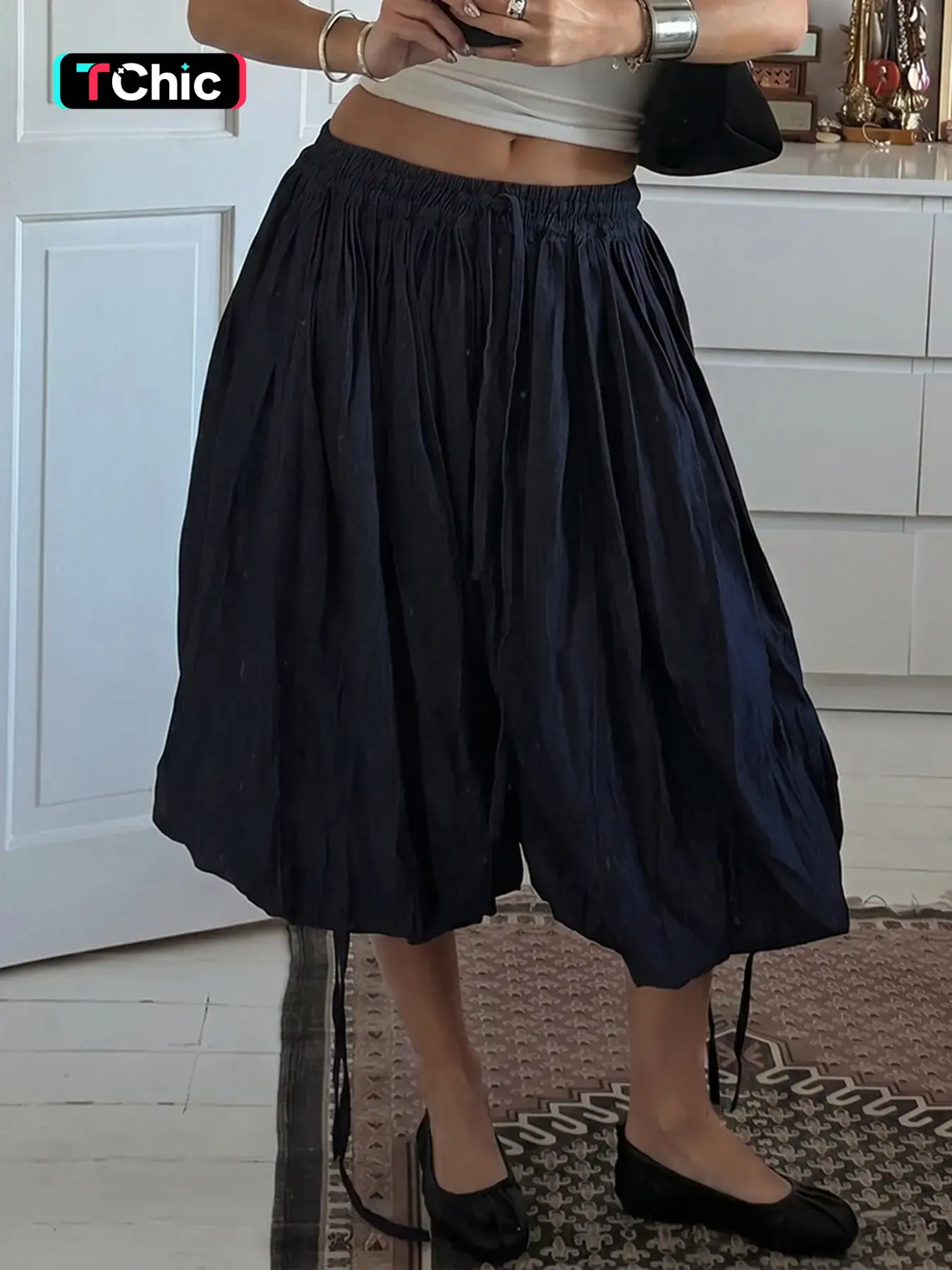 Street Style Fashion Drawstring Waist Ruched Flower Bud Pants, Women's Summer New Casual Baggy Low Waist Loose Fit Capri Pants, Casual Fashion Trousers