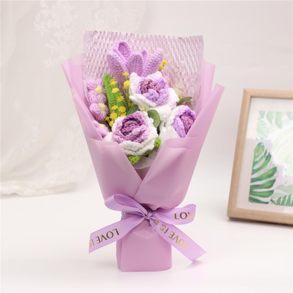 Handmade Crochet Rose Bouquet Yarn Knitted Fake Flowers, Christmas Mother's Day Valentine's Day Wedding Anniversary Gift