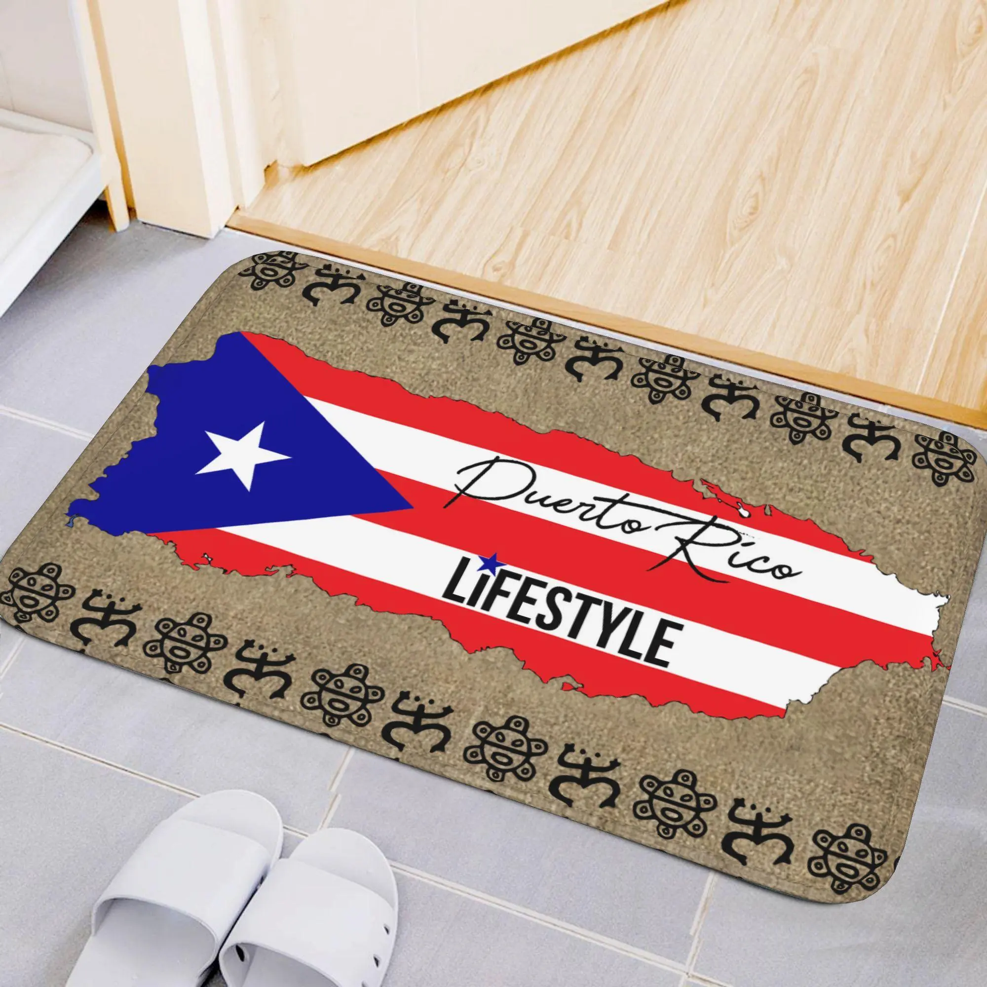 Puerto Rico Map Flag Flannel Floor Mat, Puerto Rican Themed Doormat, Non‑Slip Absorbent Indoor Rug for Bedroom Living Room Home Entrance Decor Housewarming Gift
