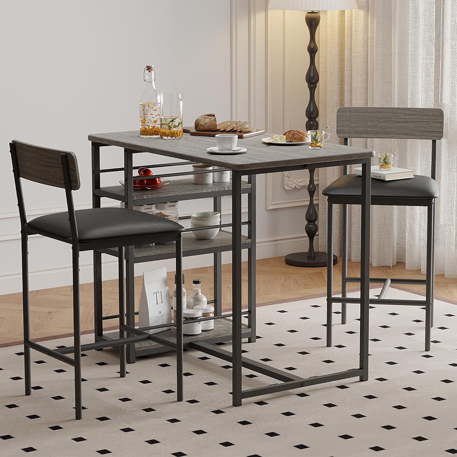 3-Piece Double Bar Table Set with 3-Tier Storage Shelves, Compact Kitchen Dining Table Set with 2 Upholstered Stools, Space-Saving Breakfast Nook for Kitchens, Taverns, Apartments