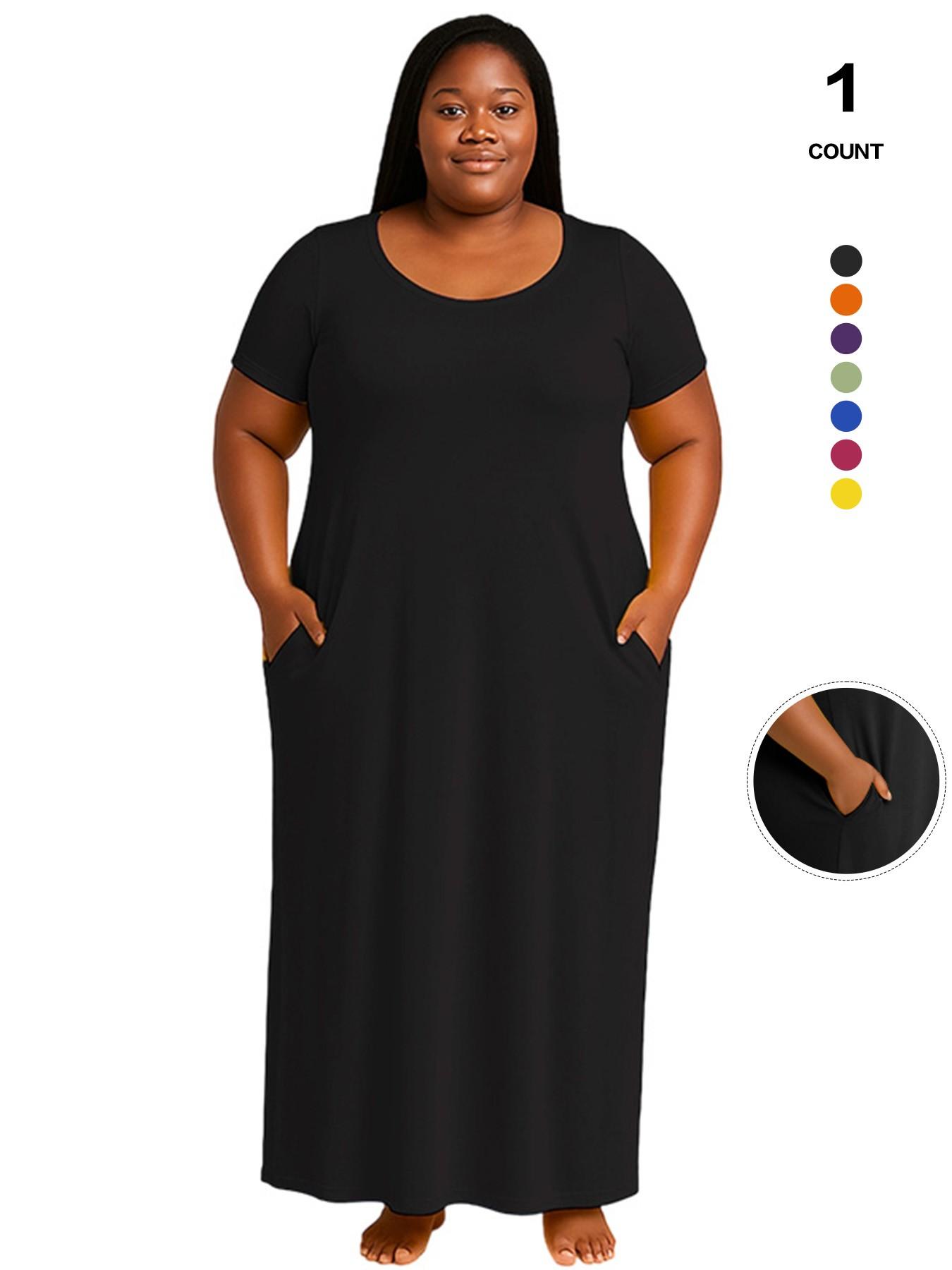 Plus Size Women's Solid Color Dress, Sexy Round Neck Short-Sleeved Long Dress, European and American Summer New Arrival, Casual Style