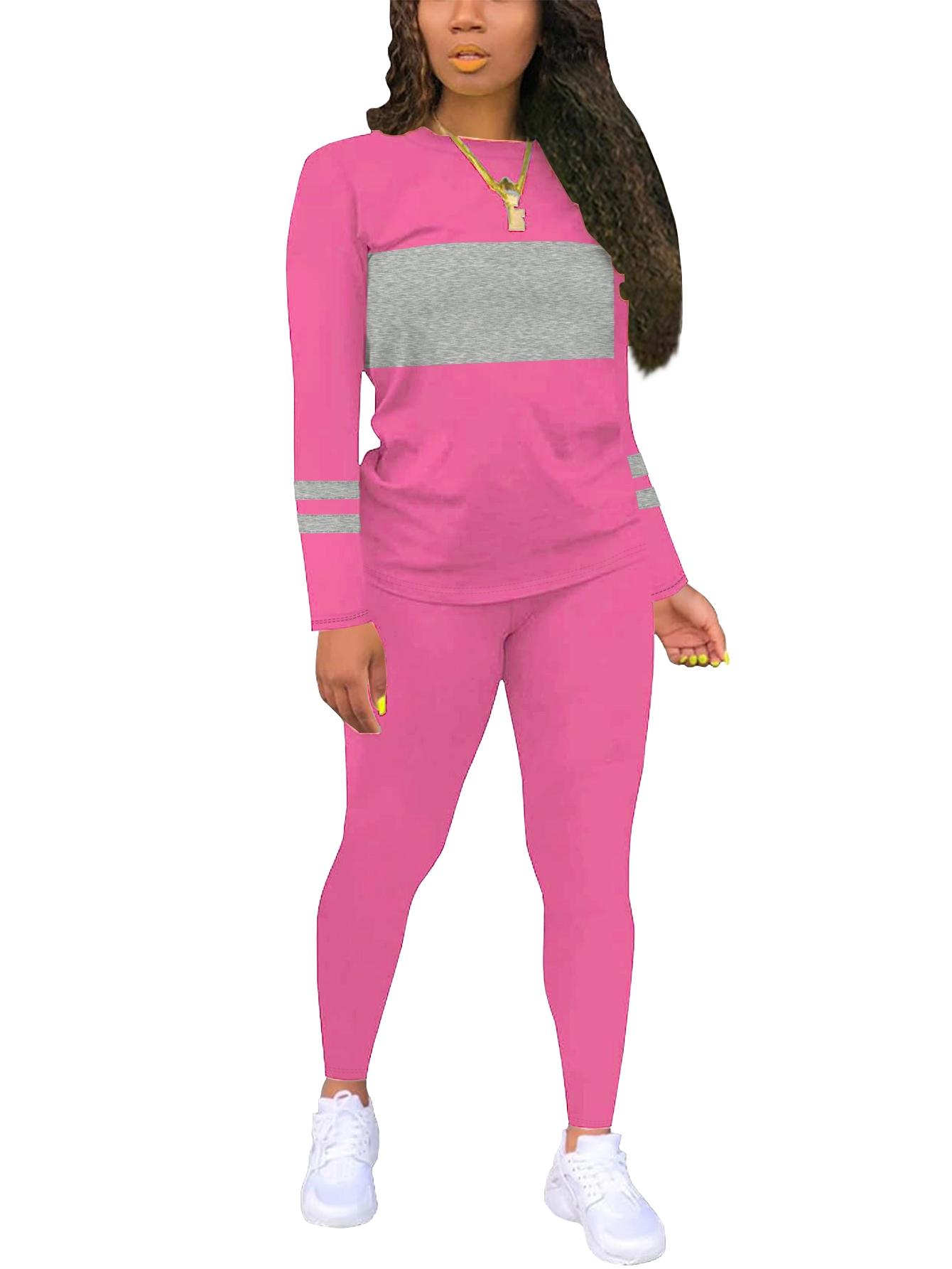 Two-piece Set Women's Colorblock Round Neck Tee & Plain Skinny Pants, Casual Long Sleeve Fitted T-shirt & Trousers for Fall & Winter, Women's Clothes for Daily Wear, Outfit, Womenswear