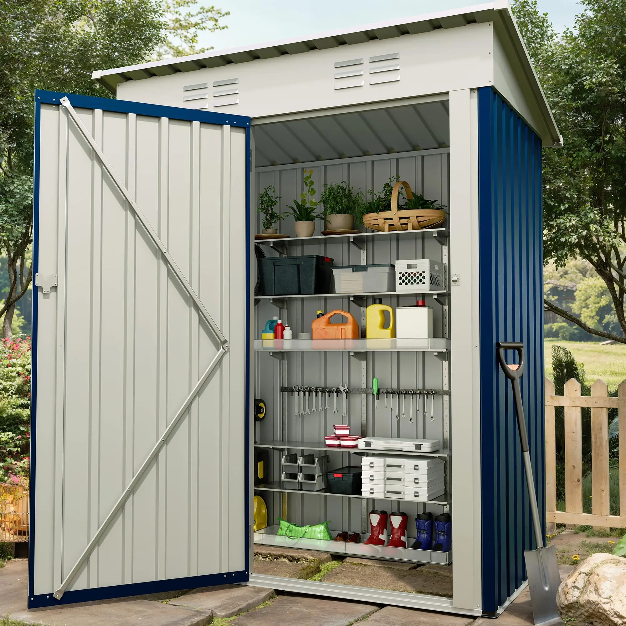 Weather-Resistant Metal Outdoor Storage Outdoor Storage – Steel Garden Tool Organizer with Sloped Roof & Lockable Door, Compact Patio or Backyard Outdoor Storage for Trash Cans & Tools, Navy Blue