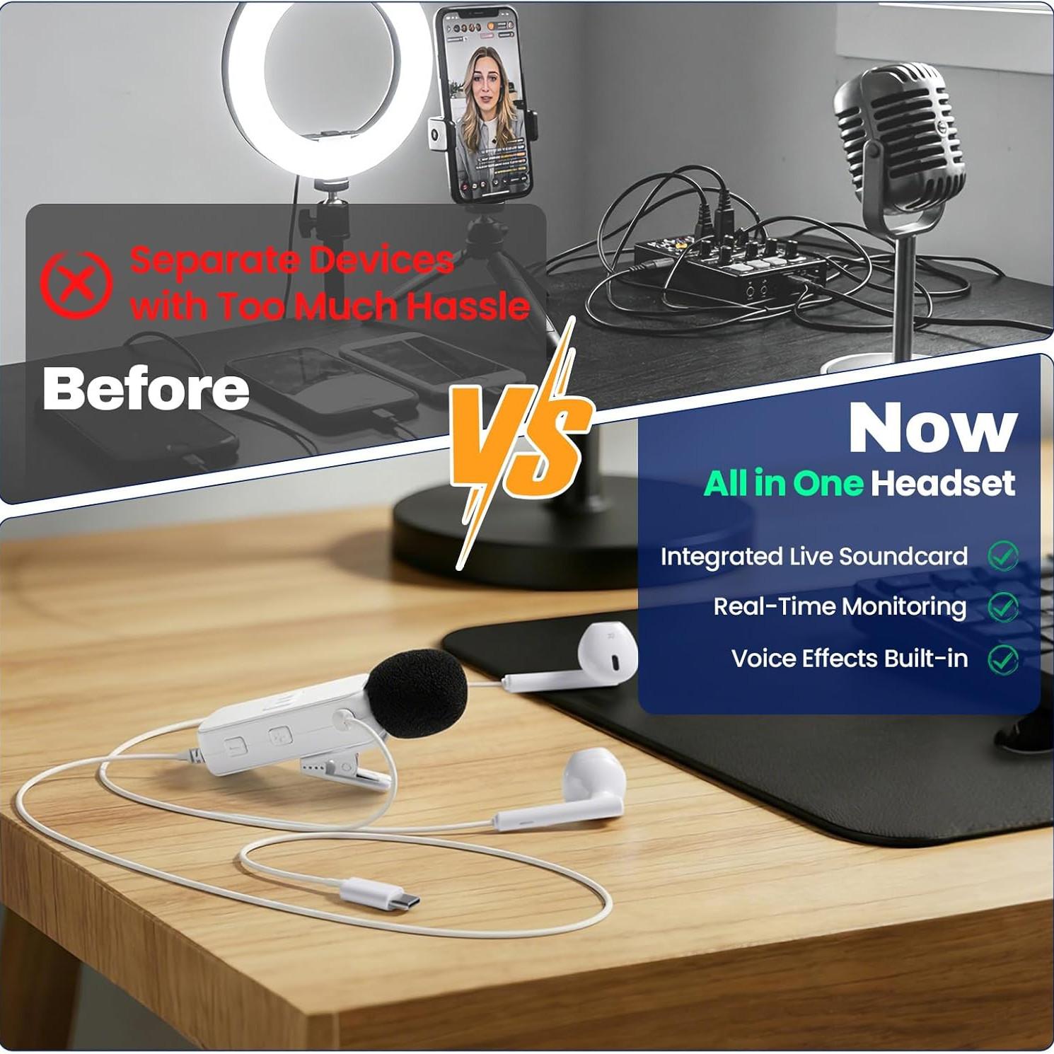 S19 Sound Card Karaoke Headset with Real-Time in-Ear Monitoring & Microphone, 7 Sound Effects Voice Changer, Karaoke Headphones with Lavalier, 2 Modes Live Streaming Sound Card & Wired Earbuds Earphones, USB, Smartphone, Audio