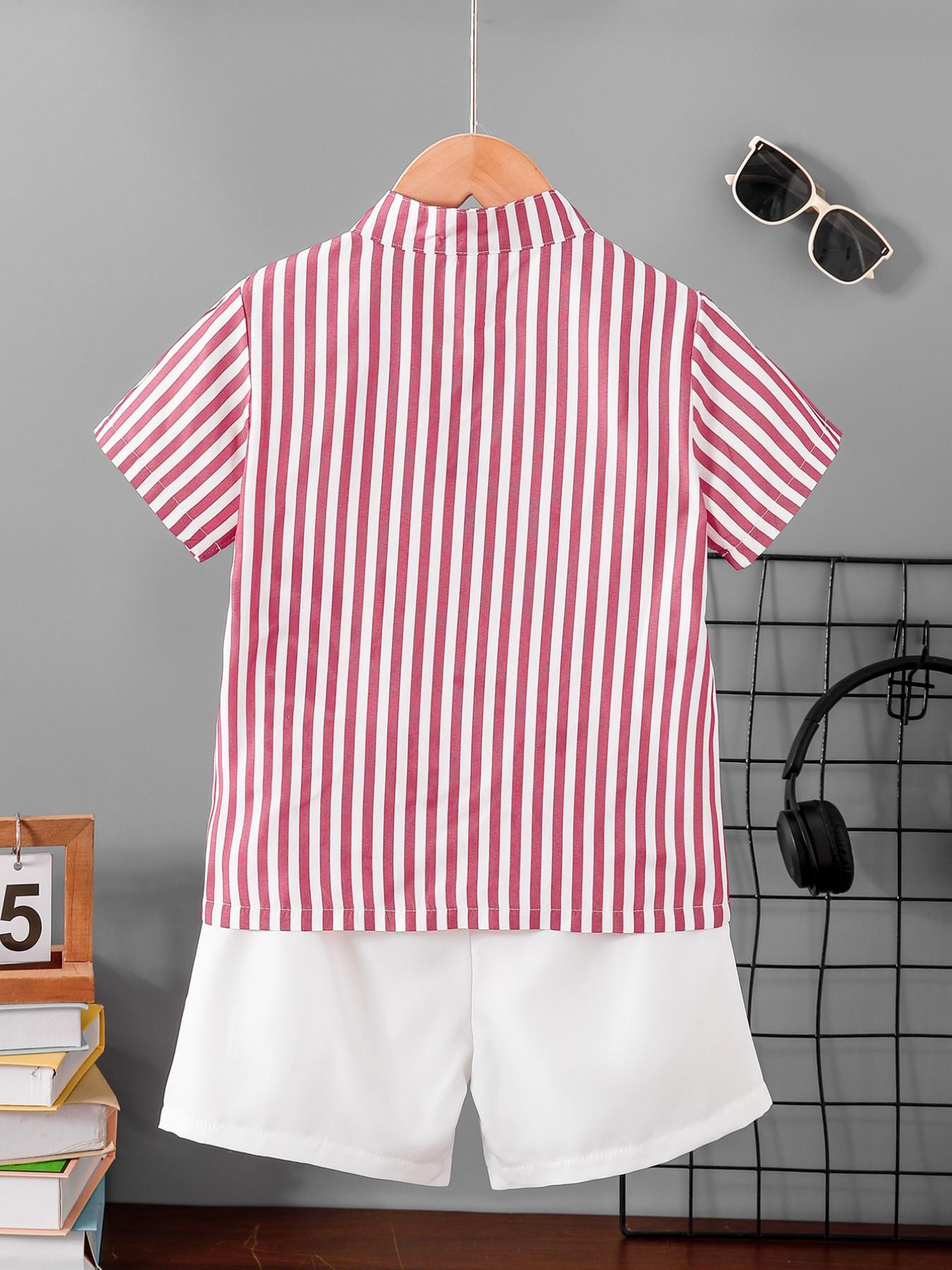 Boys' Summer New Set, Casual Stand Collar Button Shirt Short Sleeve with Lightweight Breathable Shorts, Striped Letter Patch