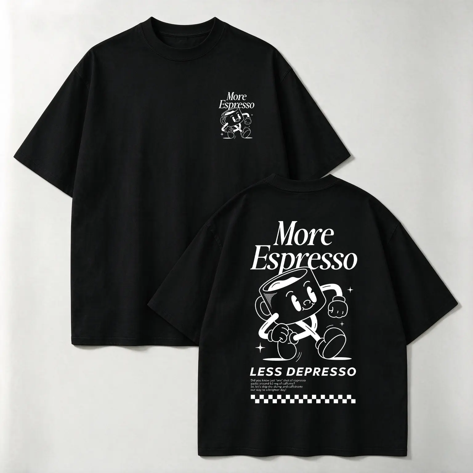 Unisex Casual Round Neck Streetwear T-Shirt - Retro Cartoon More Espresso Less Depresso Design, Coffee Lover Oversized Top, Cute Retro Character Aesthetic, Sadness Sippy Cup Vibe Sports Top Menswear Man