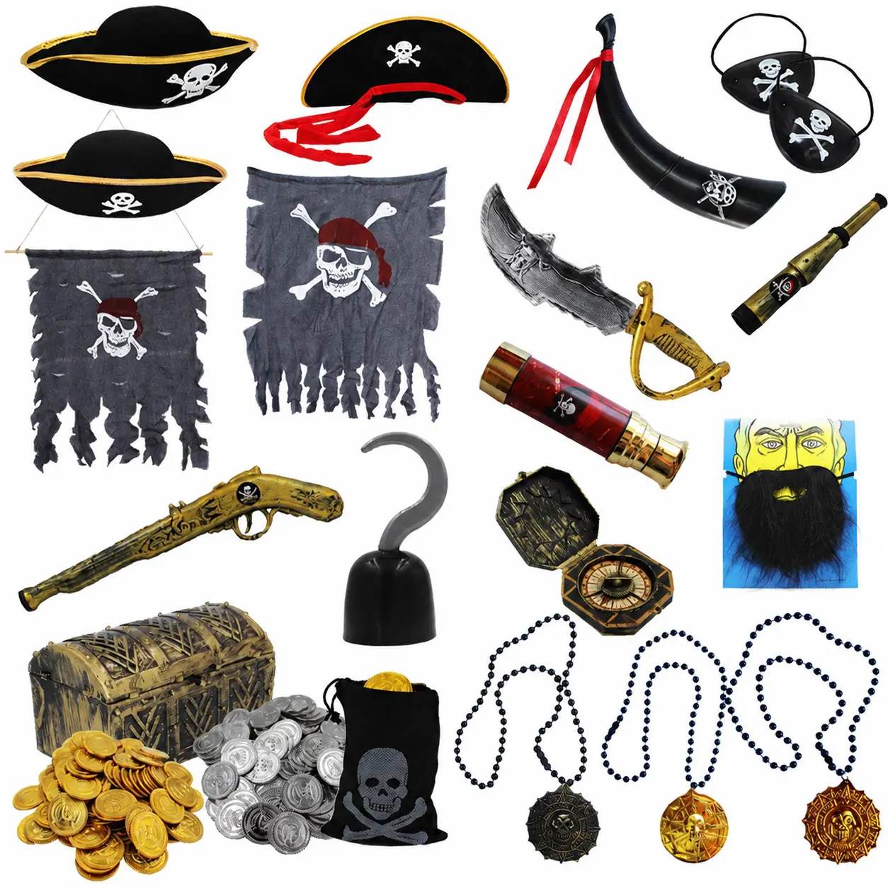 Halloween Costume Accessories Set for Adults and Teens – Pirate-Themed Skull Eye Mask, Tricorn Hat, Jolly Roger Flag, Vintage Telescope, Hook Hand Prop, and Foam Replica Weapons for Themed Parties and Cosplay Events