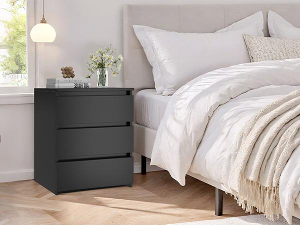 FOTOSOK White Nightstand with 3 Drawers, White Bedside Table Night Stand, Sofa Side Table 3 Drawer Nightstand for Bedroom