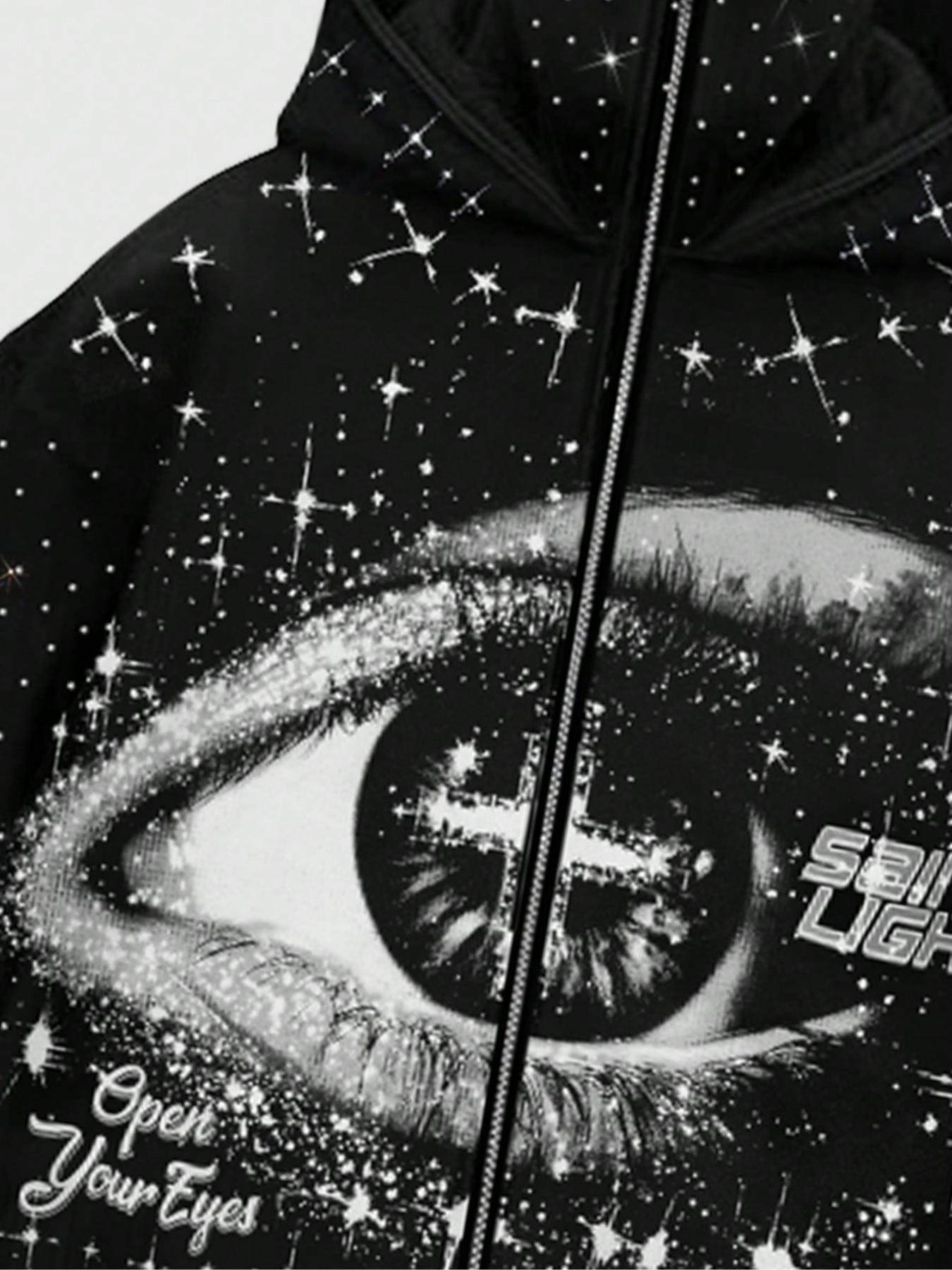 Eye pattern, two hats, zipper hoodie for men, sleeve hat with rhinestones, sparkling starry sky cardigan, hooded unisex hoodie, European and American street casual fashion trend jacket, autumn and winter velvet hoodie, party nightclub Instagram style