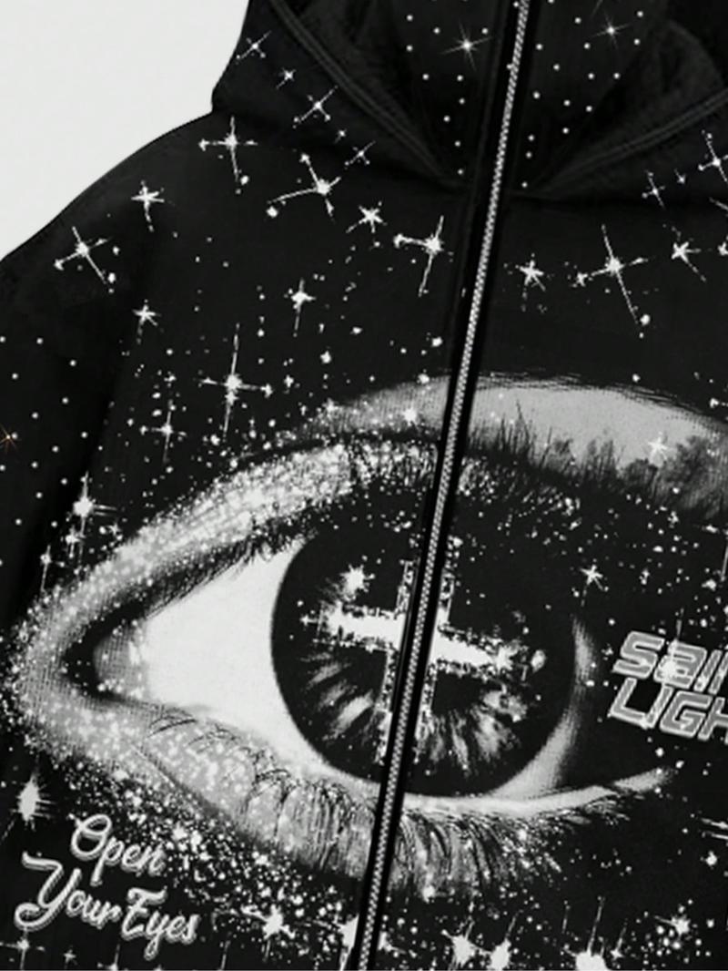 Men's Street Style Rhinestone Decor Hoodie With Two Hat, Windproof Jacket with Pockets and Zipper Design, Fall & Winter Wear Men's Street Style Rhinestone Decor Hoodie With Two Hat, Windproof Jacket with Pockets and Zipper Design, Fall & Winter Wear