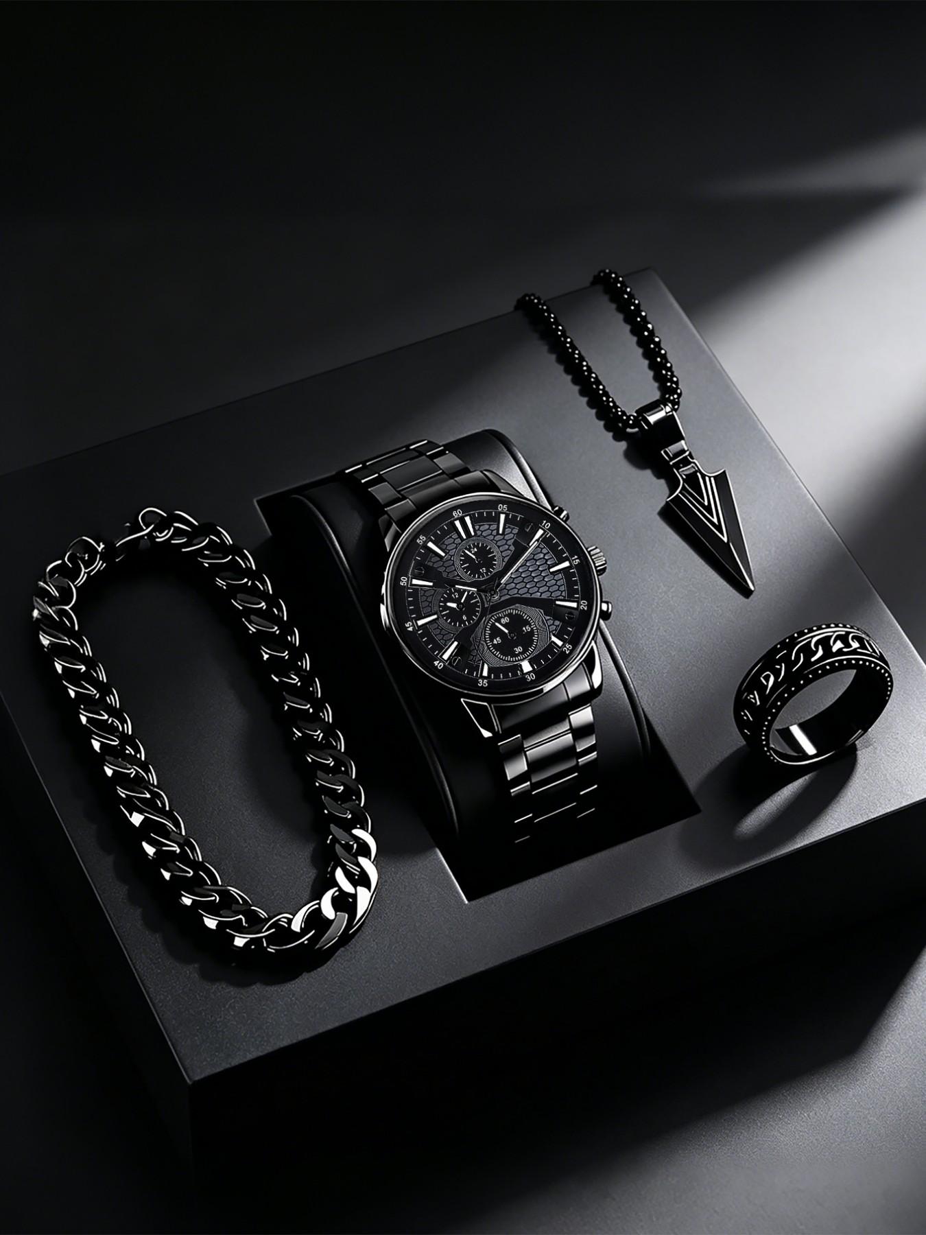 4pcs Men's Fashion Elegant Watch Set, Stainless Steel Quartz Wristwatch, Includes Bracelet, Necklace, Ring, Ideal Gift for Business or Casual Wear
