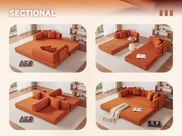 79" Oversized Boneless Couch with 4 Pillows,5 in 1 Convertible Sleeper Futon Sofa Bed with Deep Seat,Corduroy Foldable Modular Floor Pull Out Couch for Living Room,No Assemble