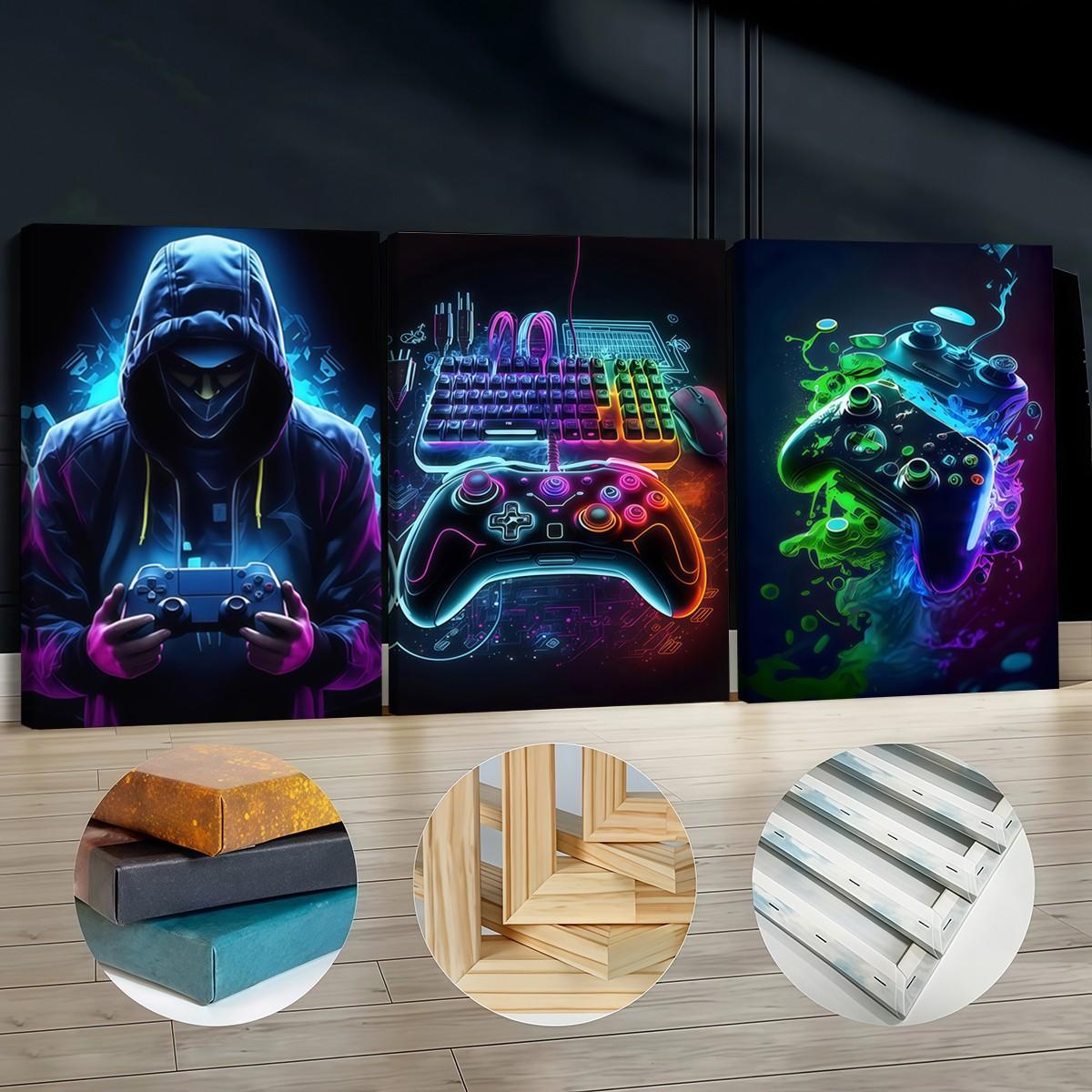 3-Pack Wood Frame Canvas Art, Neon Game Controller Wall Decor, Modern Home Decoration, Waterproof Odorless, Living Room Bedroom Office