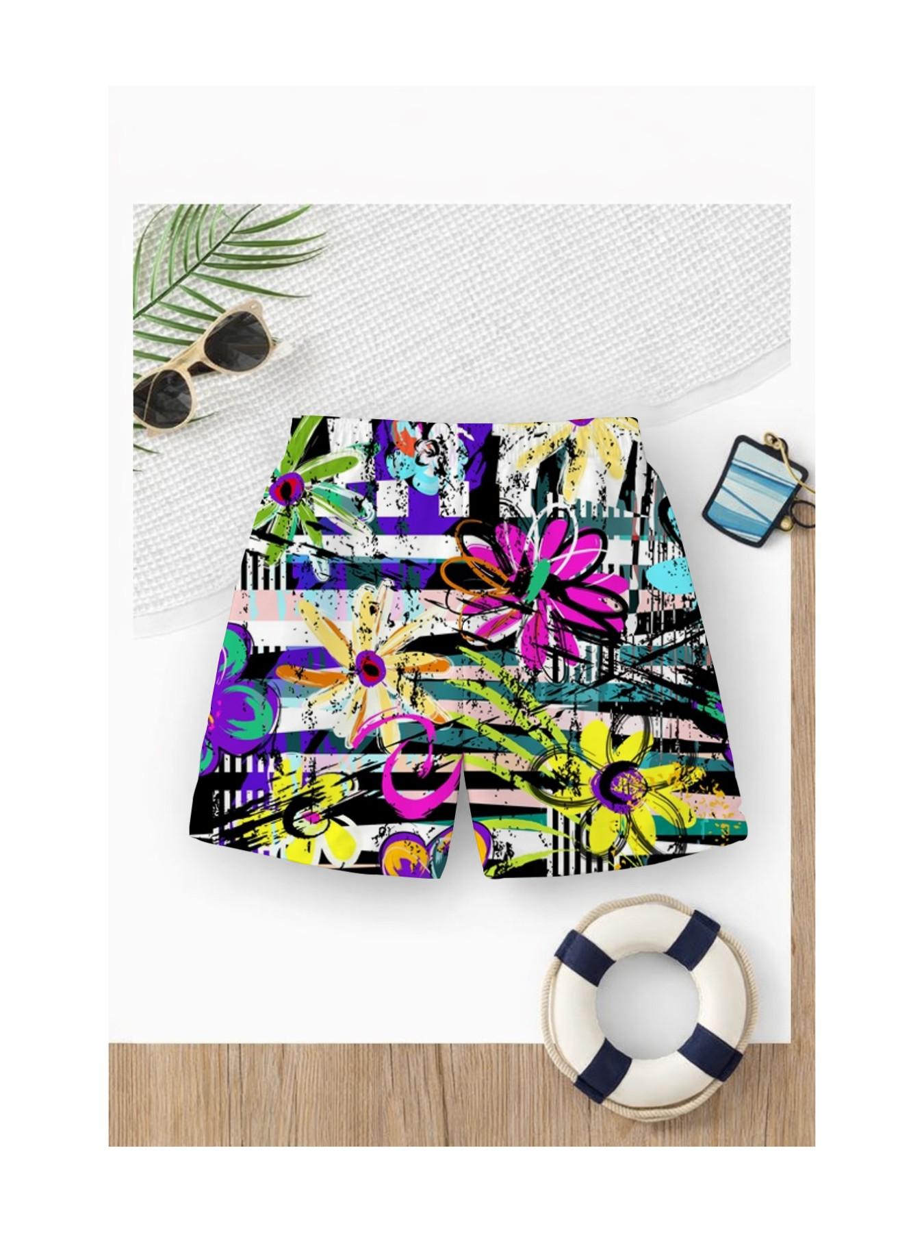 Summer Boys' Abstract Graffiti Floral Print Drawstring Beach Pants, Kids Loose Fit Trendy Swim Shorts, Casual Short Hems