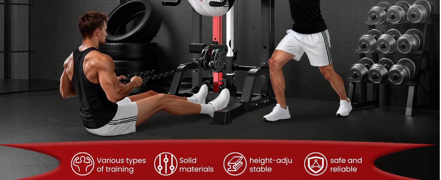 Pooboo Pull Up Bar Power Tower Dip Station,Cable Machine-Integrated 450LBS Multi-Function Adjustable Height Fitness Strength Training Equipment for Home Gym Strength Training Equipment