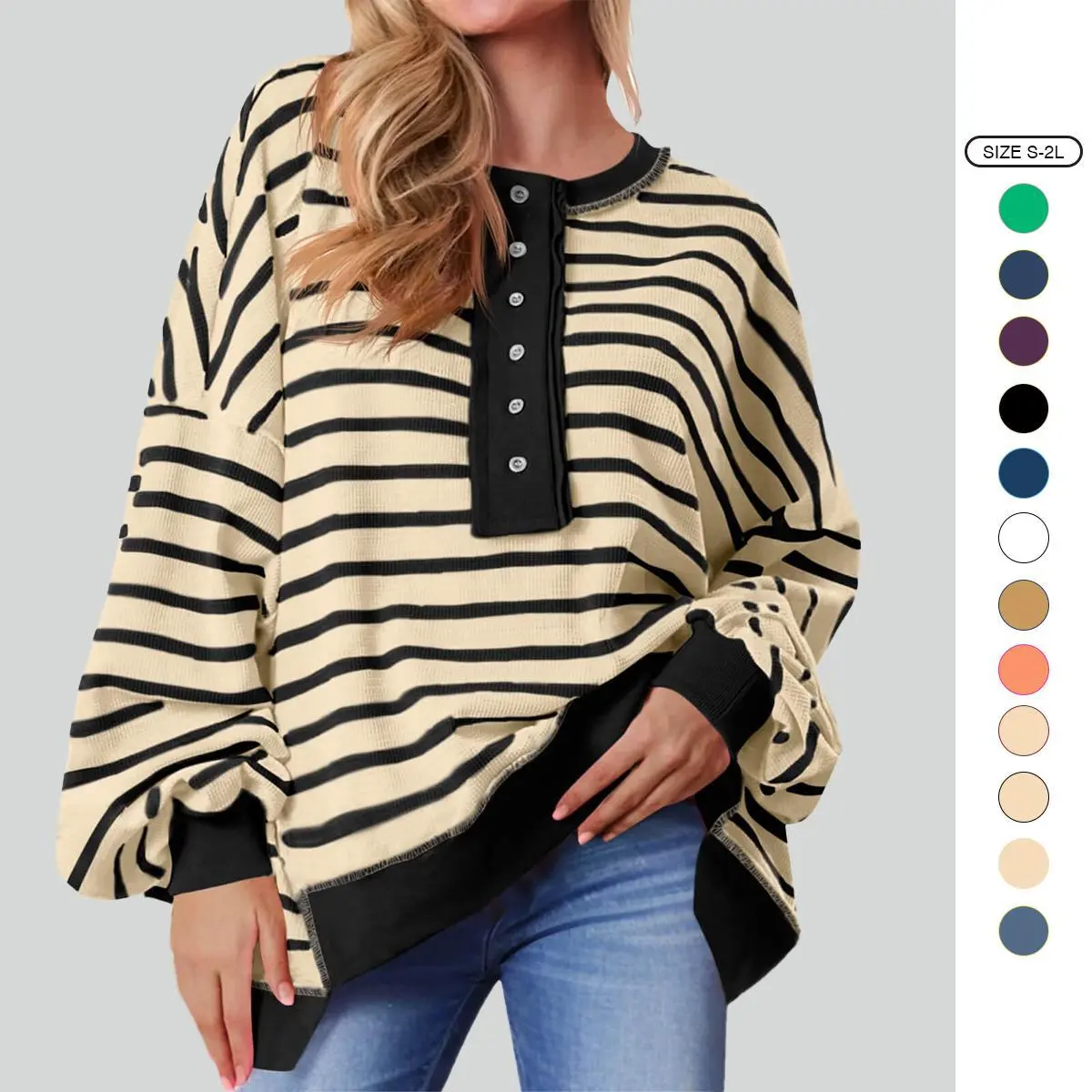 Imily Bela Womens Oversized Striped Sweatshirts Henley Shirts Color Block Casual Pullover Waffle Knit Tops