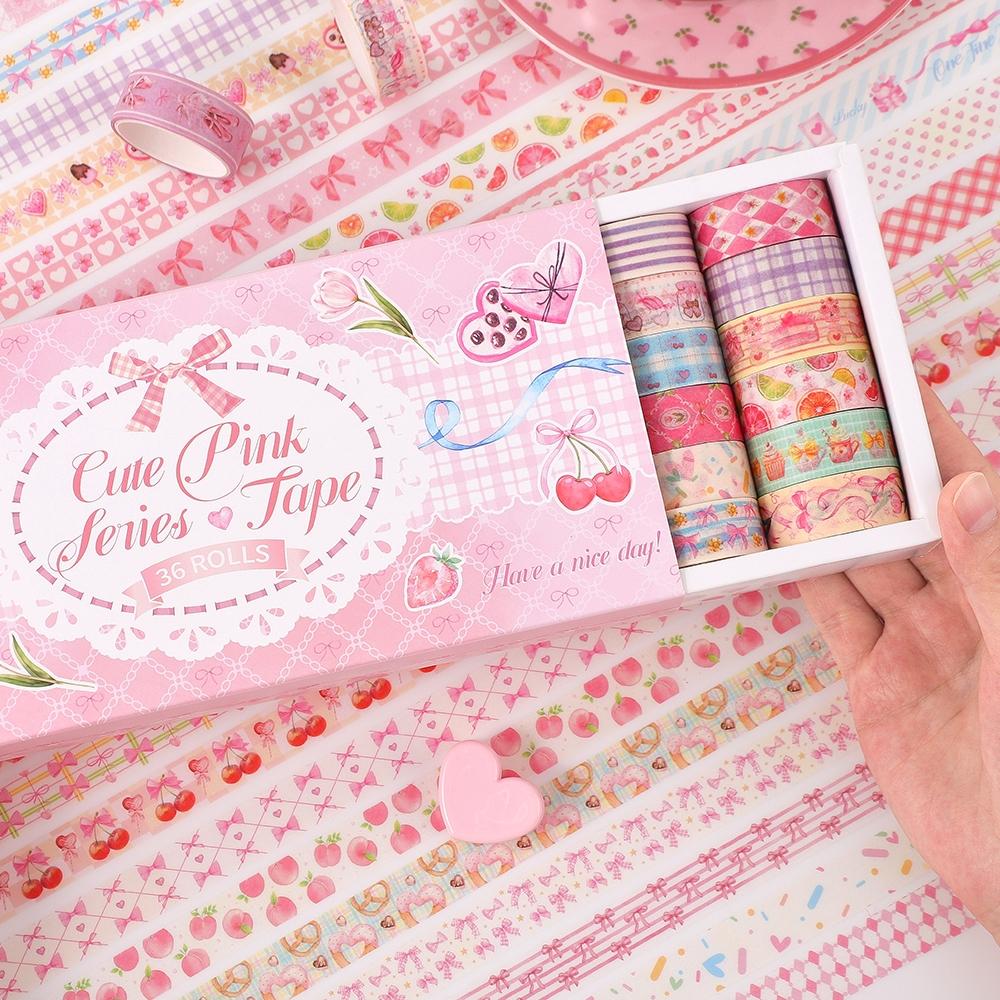 36 Rolls Pink Washi Tapes Set, Cute Butterfly, Gingham, Cherry & Dessert Pattern Decorative Masking Tapes for Scrapbooking, Journaling, DIY Crafts, Bullet Journal Supplies, Valentine's Day and Christmas Gifts, Scrapbook Materials