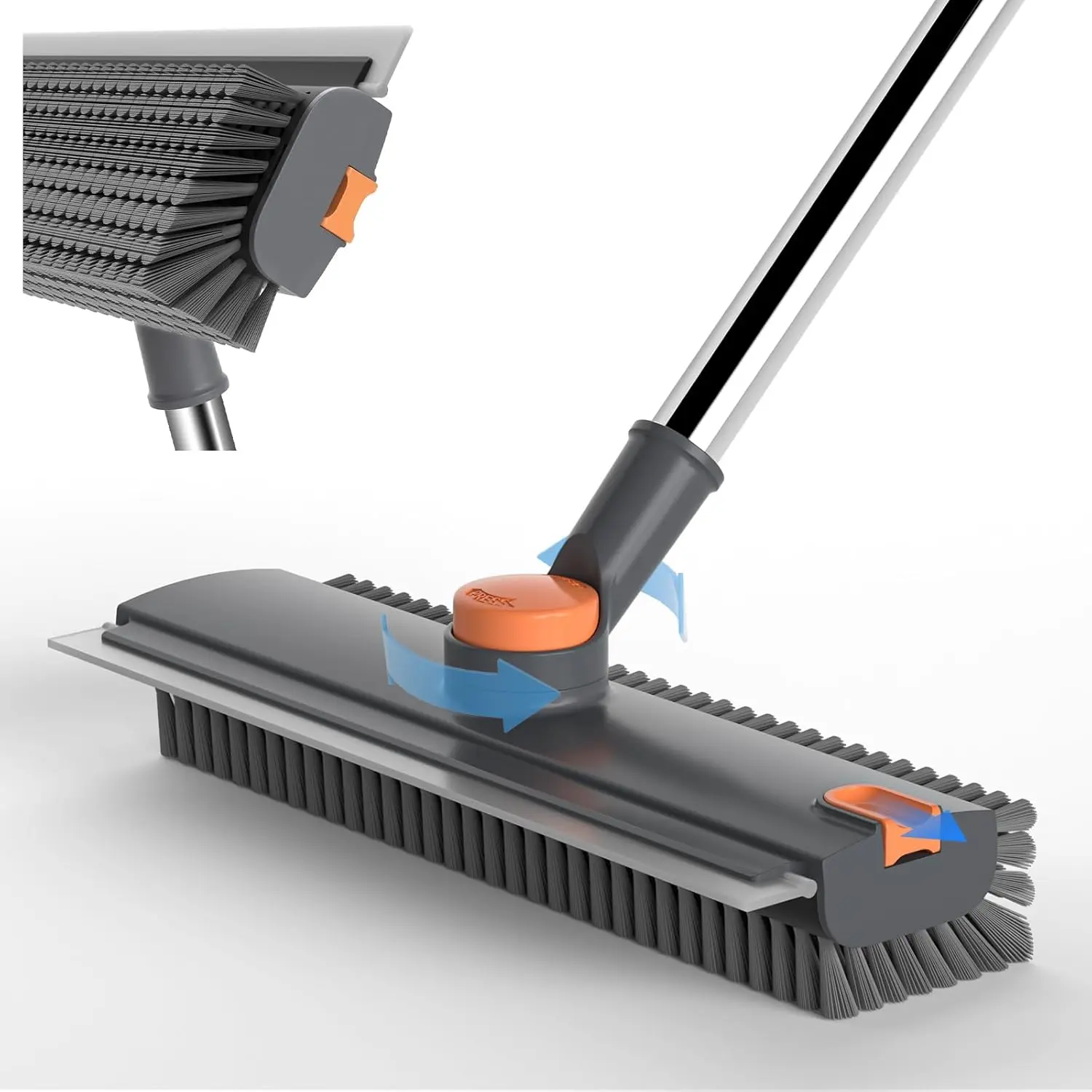 Stainless Steel Adjustable Extended Telescopic Handle Floor Scrub Broom with 360-Degree Rotating Head, Stiff Stain-Removing Bristles, Integrated Squeegee for Bathroom, Kitchen Floor Cleaning
