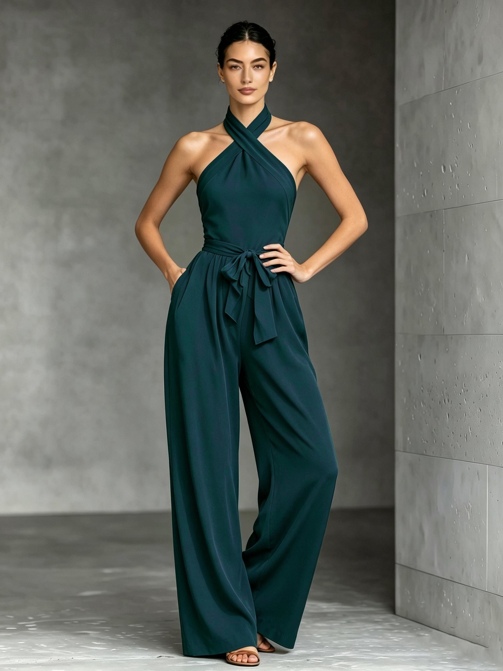 T6106 Chic Cross Halter Neck Active Fit Jumpsuit, Belted Waist Flowy Wide Leg With Pockets, Viral Summer Resort Dating Vacation Matching Outfit.