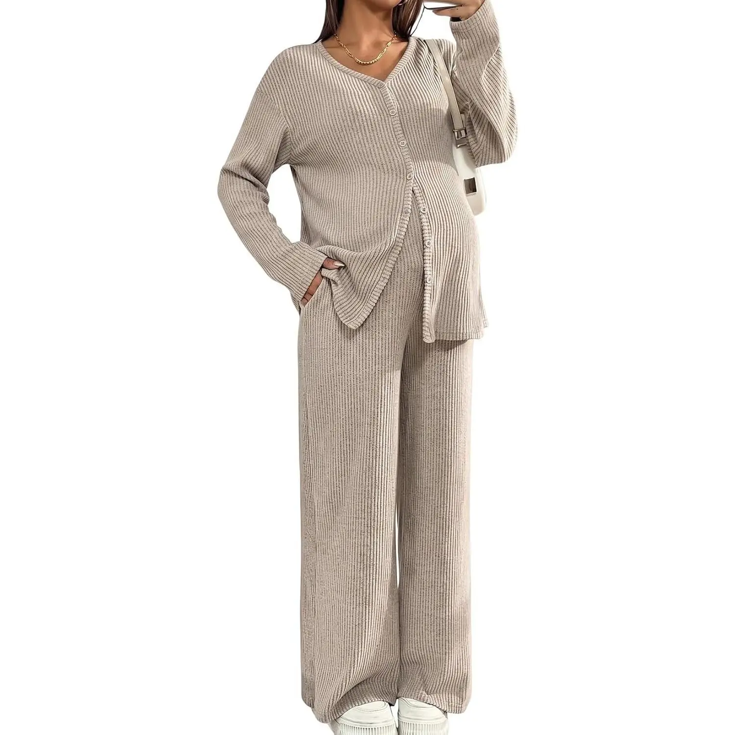 Maternity Lounge Set 2 Piece Long Sleeve Top and Pants with Pockets | Winter Fall Postpartum Outfits for Women V Neck Button Cardigan Maternity Sets Nursing Pajamas Pregnancy Clothes