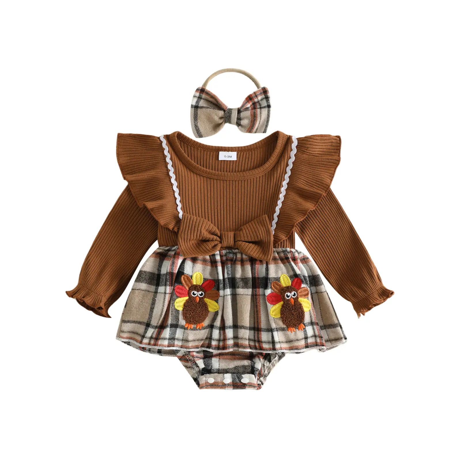 Infant Baby Girl Thanksgiving Outfit Long Sleeve Romper Dress and Headband Set Fall Winter 0-18 Months