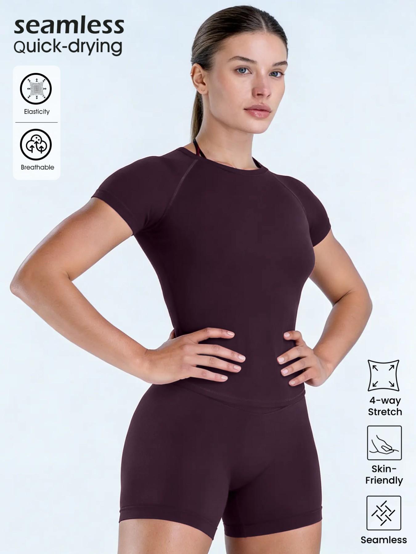 Women's New Nylon High Stretch Moisture Wicking Seamless Short Sleeve Fitness T-Shirt, Butt Coverage Long Sleeves