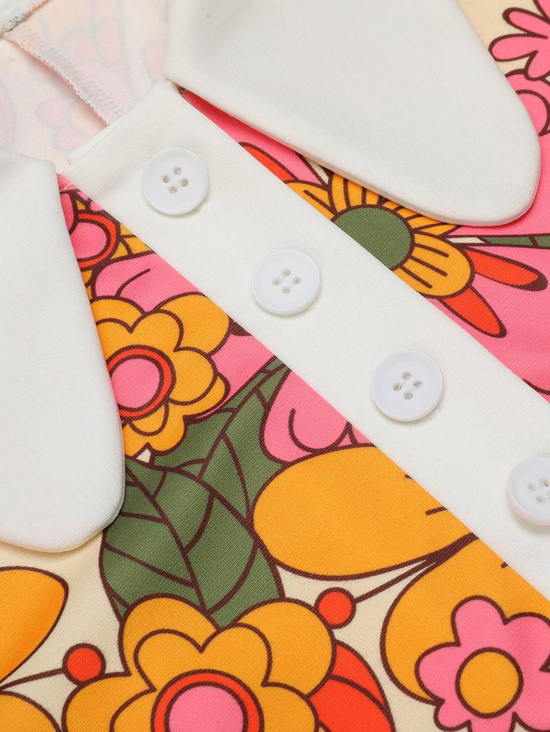 Orange 1960s Lapel Flowers Patchwork Dress Casual Boho Style Spring Holiday Floral Womenswear Holiday