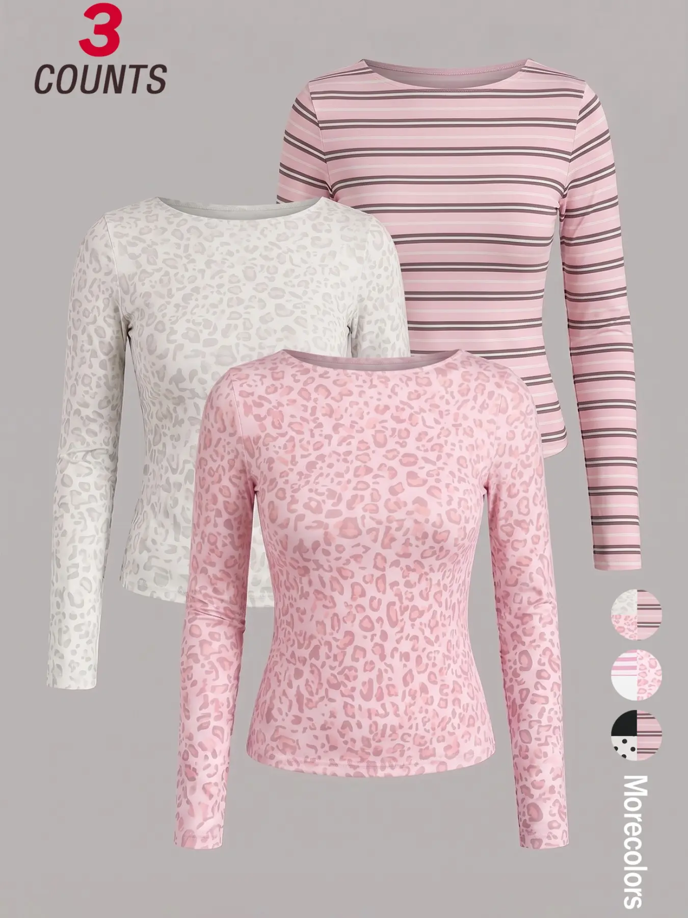 3 Pack Women Pink Leopard & Striped Long Sleeve Top Set, Boat Neck Soft Stretch Slim Fit Long Sleeve T Shirts, Sweet Spicy Casual Everyday Style, Perfect For Daily Shopping, Coffee Date, Street Shooting And Vacation Outfits