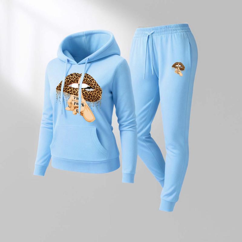 Women's Leopard Print Sexy Lips Print Hoodie And Drawstring Track Pants Set, Casual Sportswear, Long-Sleeved Hooded Jacket And Pants, Suitable For Autumn And Winter, Everyday Wear, Indoor And Outdoor Sportswear, Casual Sportswear.
