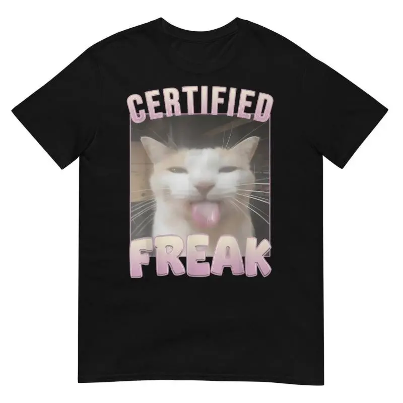 Men's Certified Freak Funny Cat T-Shirt, Ribbed Casual Top with Digital Print, Foldable, Machine Washable, Baggy, Normal Type, Pull On, Loose-Fitting, Lightweight, Hangable, Crew Neck, Do Not Dry Clean, Seamless, Stylish